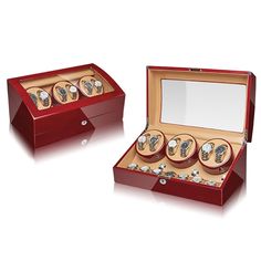 an open red box with six pieces of jewelry in it