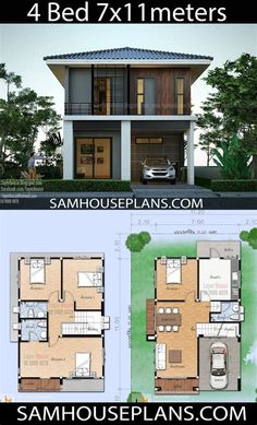 two story house plan with 4 beds and 1 meters in the front, one bedroom on the