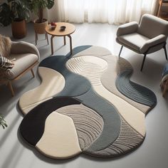 a living room with chairs and rugs in the shape of wavy shapes on the floor