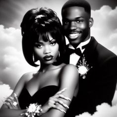 a black and white photo of a man and woman in tuxedo with clouds behind them