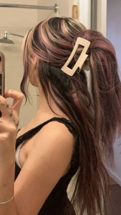 Oil Slick Hair Blonde, Under Layer Dyed Hair Blonde, Hair Inspo Chunky Highlights, Black Hair With Pastel Highlights, Brunette Hair Peekaboo Highlights, Black Hair With Pink And Blonde Highlights, Skunk Stripe Hair Color Ideas, One Hair Strand Dyed, Black And Blonde Goth Hair