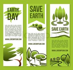 three vertical banners for earth day with green trees and plants on the left side, one is