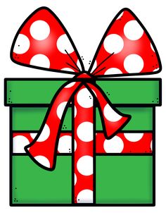 a green box with a red bow and polka dots