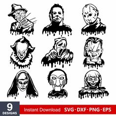 halloween faces with different facial expressions and hair styles in black and white, on a white background