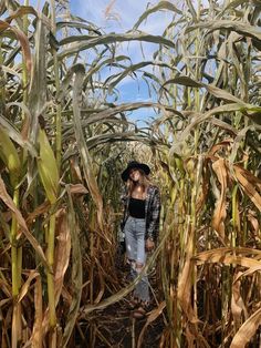 a woman standing in the middle of a corn field