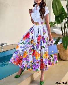 Color: Multicolor, Size: L(10-12) Button Shirt Dress, Pleated Skirt Dress, Buttoned Shirt, Full Skirt Dress, Dress Sleeve Styles, Chic Type, Shirt Dress Casual, Fashion Elegant, Dress Shirts For Women