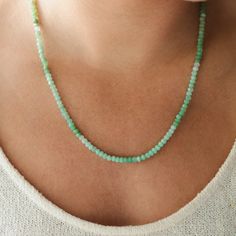 Want to save 15% off your first order? Sign up for our newsletter by visiting our website and filling out the pop up form. Receive a code by email, then send us that code through Etsy messages to save 15% off your ETSY order, sign up here: www.earthlyabundancejewelry.com  Chrysoprase opens, activates and energises the heart and sacral chakras, balances yin-yang energy, and brings Universal energy into the physical body. It induces deep meditative states, and imparts a sense of being a part of th Green Gemstone Beaded Necklace For May Birthstone, Green Amazonite Beaded Necklace With Natural Stones, Green Faceted Beads Jewelry For Everyday, Green Gemstone Beaded Necklace For Healing, Everyday Green Jewelry With Faceted Beads, Everyday Green Round Bead Necklaces, Green Rondelle Emerald Necklace As Gift, Green Rondelle Emerald Necklace For Gift, Green Rondelle Emerald Necklace Gift