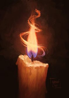 a painting of a lit candle on top of a piece of wood