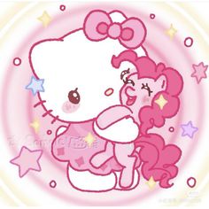 an image of a hello kitty and her baby pony hugging each other with stars in the background