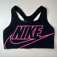 Cute Black And Pink Sports Bra By Nike! Racerback. Neon Pink Swoosh And Logo Decals. Size Extra Small. Nwot. Authentic I Am A Posh Ambassador, So Purchase With Confidence No Tradesno Pplno Low Balls Pink Sweat Resistant Sports Bra, Sweat-resistant Pink Sports Bra, Workout Sports Bra With Letter Print, Nike Pink Sports Bra For Sports Season, Nike Racerback Sports Bra For Gym, Nike Pink Tops For Sports Season, Pink Breathable Sports Bra, Pink Breathable Sports Bra For Sports Events, Pink Letter Print Activewear For Sports