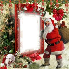 a santa clause standing in front of a christmas photo frame