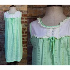 "Cutest cotton slip from the 1960s! Feels like walking barefoot through the garden at sunrise. Vibrant light green color with stripe details down the front and an empire waist. Lace ornaments across the chest, featuring dainty floral embroidery. This piece is lightweight, breezy, with that one of a kind feeling. Green fabric has an almost sheer quality to it. No tags or labels to be found. Estimated size S. Please see measurements for accurate fit. Measurements (taken laid flat, doubled where ne Green Summer Nightgown For Sleepover, Green Sleeveless Nightgown For Loungewear, Green Sleeveless Summer Nightgown, Green Summer Nightgown, Green Cotton Nightgown For Sleep, Green Summer Nightgown For Sleep, Green Cotton Nightgown For Loungewear, Spring Green Sleeveless Sleepwear, Green Spring Sleepwear For Bedtime