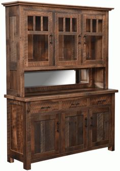 a wooden hutch with glass doors and drawers