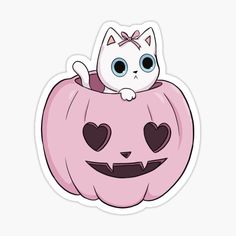 a white cat sitting on top of a pink pumpkin with heart shaped eyes sticker