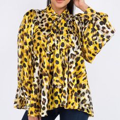 Leopard Print Of Yellow Gold, Black, Brown, White Long Bishop Sleeves With Single Button Cuffs Bow Tie Neckline Button Down Front True To Size, Flowy Fit Striped, Alternating Semi-Sheer And Satiny Fabric Yellow Party Tops For Fall, Yellow Spring Office Tops, Elegant Yellow Tops For Fall, Trendy Leopard Print Party Blouse, Yellow Long Sleeve Blouse For Fall, Trendy Leopard Print Blouse For Party, Casual Yellow Office Blouse, Yellow Casual Party Blouse, Chic Yellow Blouse For Fall