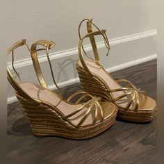 Schutz, 8.5 Size, Metallic Gold Platform. Never Worn. Perfect Conditions. Designer Sandals With 4-inch Heel For Spring, Luxury Summer Wedge Sandals With Wrapped Heel, Elegant Platform Heels For Vacation, Luxury Spring Party Wedge Sandals, Luxury Gold Synthetic Heels, Luxury Wedge Sandals With 4-inch Heel For Spring, Luxury Spring Wedge Sandals With 4-inch Heel, Luxury 4-inch Heel Wedge Sandals For Spring, Luxury Gold Wedge Sandals For Spring