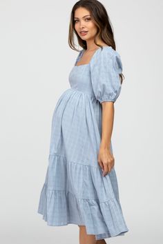 Blue Plaid Square Neck Maternity Midi Dress – PinkBlush Maternity Blue Dress, Short Sleeve Maternity Dress With Smocked Bodice, Maternity Dress With Smocked Bodice And Square Neck, Spring Maternity Dress With Square Neck, Fitted Square Neck Maternity Dress, Western Maternity Dresses, Classy Maternity Outfits, Light Blue Maternity Dress, Maternity Dresses Winter