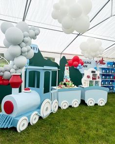 a train themed birthday party with balloons and decorations