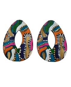 two pairs of earrings with colorful designs on the front and back of each earring