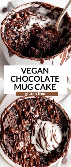 vegan chocolate mug cake with whipped cream and chocolate drizzle