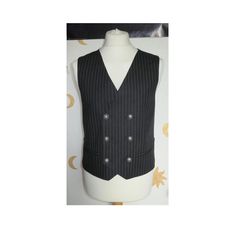 Gentleman's fully lined double breasted waistcoat. the fronts are a black and white linen pinstripe. the back is black grey and white damask style skulls print cotton and the lining is black satin. the front has 2 welt pocket and 6 antique silver buttons with 6 active buttonholes.  actual garment measurements. Chest 39" / 99cm Waist 36.25" / 92cm Back length 22.25" / 56.5cm please allow some wiggle room you need at least an inch on your body measurements for a comfy fit :0) this waistcoat is rea Elegant Tailored Pinstripe Vest, Elegant Pinstripe Vest For Formal Occasions, Classic Pinstripe Formal Vest, Classic Pinstripe Vest For Formal Occasions, Elegant Pinstripe Business Vest, Fitted Striped Business Vest, Striped Fitted Vest For Business, Elegant Pinstripe Sleeveless Vest, Classic Fitted Pinstripe Vest