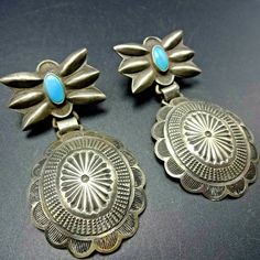 "VINTAGE NAVAJO EARRINGS DESCRIPTION: These fabulous earrings are repurposed from parts of an old concho. The stampwork is phenomenal! These earrings will be a cherished addition to your collection of quality vintage Native American jewelry. MEASUREMENTS: Earrings measure 2 1/4\" x 1 1/4\" WEIGHT: 23.9 grams SIGNED: no STERLING: unmarked, verified sterling silver" Stamped Earrings, Silver Turquoise Earrings, Vintage Native American Jewelry, Native American Earrings, Turquoise Cross, Turquoise Ring Silver, Bird Earrings, Vintage Stamps, Vintage Navajo