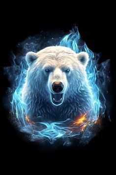 a white bear with blue fire and flames around it's face on a black background