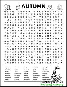 the autumn word search is shown in black and white