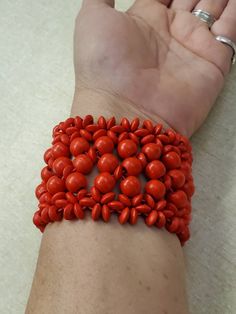 Metal Free, Candy Apple Red, Wooden Beaded Bracelet, Expandable Bracelet, Costume Jewelry, Fashion Accessory This is a great little find and priced to sell. This is 2 inches in diameter and does expand to 4 inches. Total length is 8 inches long if laid flat and cut in half. This is 2.40 inches wide. Check out our shop for monthly specials. We have a variety of items for every taste. Combine several of our items together to save on shipping. If you have any questions, please do not hesitate to as Adjustable Red Beaded Bracelets With Wooden Beads, Vintage Red Adjustable Beaded Bracelets, Red Wooden Beads Bracelets As Gift, Handmade Red Beaded Bangle Bracelets, Handmade Red Beaded Bangle Bracelet, Bohemian Red Beaded Stretch Bracelet, Red Wooden Bead Bracelets, Red Wooden Round Bead Bracelets, Handmade Red Round Stretch Bracelet