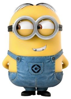 a minion with glasses and overalls standing in front of a white background