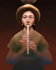 a woman with a hat on her head is holding a flute in front of her face