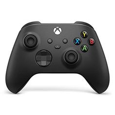 the front view of a black xbox controller with several buttons and symbols on each side