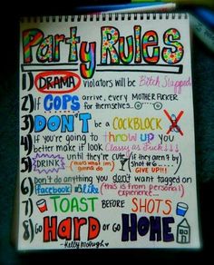 a party rules sign is hanging on the wall