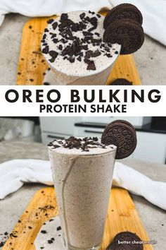 oreo bulking protein shake in a glass with an oreo cookie on top