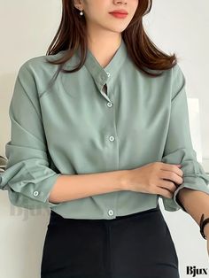 Bjux - Premium Womens Solid Polo Collar Button Shirt - Stylish Long Sleeve Casual Shirt for Spring & Fall Solid Collared Tops With Button Cuffs, Green Office Tops With Button Closure, Green Button-up Solid Color Top, Green Solid Color Button-up Top, Solid Button-up Tops For Workwear, Green Collared Top For Office, Solid Tops With Button Closure For Work, Green Button-up Office Tops, Green Button-up Top For Work