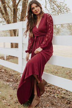 Red Lace Sleeve Faux Wrap Belted Maxi Dress Chic Fall Maxi Dress Solid Color, Chic Burgundy Long Sleeve Maxi Dress, Chic Burgundy Maxi Dress For Fall, Solid Dresses For Date Night In Fall, Solid Color Maxi Dress For Fall Date Night, Solid Fall Dress For Date Night, Burgundy Dress For Fall Night Out, Chic Burgundy Maxi Dress, Burgundy Dress For Night Out In Fall