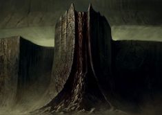 an artistic painting of a giant rock formation in the middle of a desert area with trees growing out of it