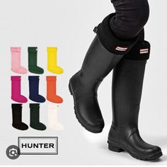 New In Box Black Fleece Hunter Boot Socks In Size Large. These Are For The Tall Version Of The Boot. Fits Us Size 7-9. Black Winter Outdoor Socks, Black Outdoor Winter Socks, Black Outdoor Socks For Fall, Black Fall Outdoor Socks, Black Knee-high Rain Boots For Winter, Tall Boot Socks, Boot Fits, Hunter Boots Socks, Hunter Boot