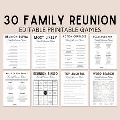 the 30 family reunion printable game is shown in black and white on a beige background