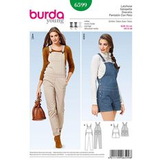 a woman wearing overalls and holding a handbag in her right hand, with the words burda young on it