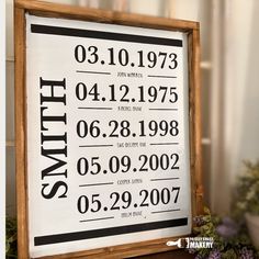 a wooden frame displaying a birth announcement for a baby with black and white numbers on it