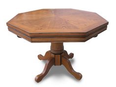 an octagonal wooden table with four pedestals on one end and three leaves on the other