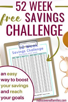 a clipboard with the text 52 week free savings challenge on it and an image of glasses