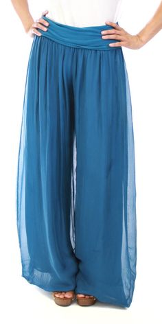 Flowing silk palazzo pant with elastic waist band and balloon hem. 100% Silk One Size | OS Made in Italy Silk Harem Pants, Teal Pants, Palazzo Style, Palazzo Pant, Western Wear For Women, Palazzo Pants, Body Size, Italian Fashion, Waist Band