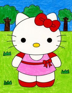 a drawing of a hello kitty in a pink dress with trees and grass behind her