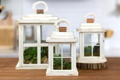 two white lanterns sitting on top of a wooden table next to each other with plants in them