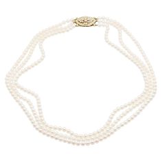 Vintage Three Layer Freshwater Pearl Necklace with a 14kt Yellow Gold Diamond Clasp. There are 97 pearls on one layer, 101 pearls in the middle strand, and 106 pearls in the longest layer. The necklace measures 18" long. Formal Double Strand Pearl Necklace With Pendant, Double Strand Pearl Necklace For Formal Occasions, Formal Double Strand Pearl Necklace, Luxury Pearl Necklace With 17 Jewels, Classic Double Strand Pearl Pendant Necklace, Classic Double Strand Pearl Necklace With Pendant, Luxury Double Strand Pearl Necklace, Pearl Necklace For Anniversary, Three Strand Necklace