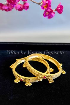 Gold Bangles with Ruby and Emerald Beautiful Bangles, Saree Designs Party Wear, Emerald Stone, Elevate Your Look, Gold Bangles, Saree Designs, Party Wear, In Style, Timeless Elegance