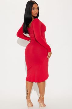 Available In Black And Red. Long Sleeve Midi Dress Scoop neckline Long sleeves Tie waist detail Tulip hem Stretch Length = 40" 95% Polyester 5% Spandex Imported | Hunter Long Sleeve Midi Dress in Red size XS by Fashion Nova Fitted Solid Red Midi Dress, Stretch Midi Dress With Scoop Neck, Red Stretch Elastane Bodycon Dress, Red Stretch Bodycon Knee-length Dress, Red Stretch Knee-length Bodycon Dress, Red Solid Color Midi Dress For Date Night, Chic Red Elastane Midi Dress, Stretch Red Dress, Red Midi Length Elastane Dress