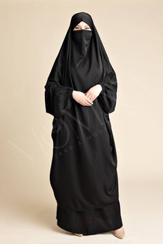 Classic Luxe Two Piece Jilbab - Arwaa - Momina Hijabs Modest Black Khimar, Black Long Khimar For Eid, Modest Solid Color Niqab, Modest Black Abaya With Long Sleeves, Modest Black Long Sleeve Abaya, Modest Long Sleeve Black Abaya, Modest Black Long Sleeve Khimar, Modest Long Sleeve Solid Khimar, Modest Long Sleeve Black Khimar